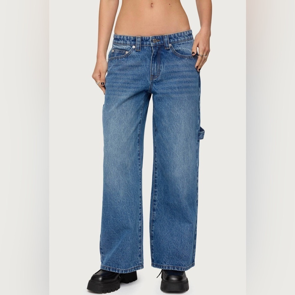 Edikted Baggy Mid Rise Wide Leg Carpenter Cago Jeans blue Pant 90s y2k - Picture 4 of 15